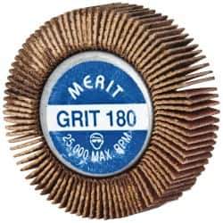 Merit Abrasives - 1-5/8" Diam x 1/2" Face Width, Very Fine Ceramic Alumina Coated Mounted Flap Wheel - 1/4-20 Threaded Mount, 180 Grit, Cloth Backing, 25,000 Max RPM - Eagle Tool & Supply