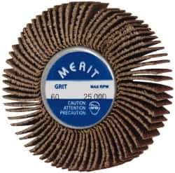 Merit Abrasives - 2" Diam x 1/2" Face Width, Medium Ceramic Alumina Coated Mounted Flap Wheel - 1/4-20 Threaded Mount, 60 Grit, Cloth Backing, 25,000 Max RPM - Eagle Tool & Supply