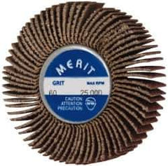 Merit Abrasives - 2" Diam x 1/2" Face Width, Medium Ceramic Alumina Coated Mounted Flap Wheel - 1/4-20 Threaded Mount, 60 Grit, Cloth Backing, 25,000 Max RPM - Eagle Tool & Supply