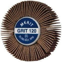 Merit Abrasives - 2" Diam x 1/2" Face Width, Fine Ceramic Alumina Coated Mounted Flap Wheel - 1/4-20 Threaded Mount, 120 Grit, Cloth Backing, 25,000 Max RPM - Eagle Tool & Supply