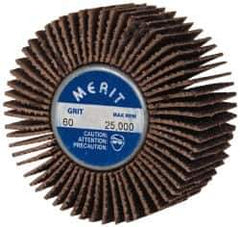 Merit Abrasives - 2" Diam x 1" Face Width, Medium Ceramic Alumina Coated Mounted Flap Wheel - 1/4-20 Threaded Mount, 60 Grit, Cloth Backing, 25,000 Max RPM - Eagle Tool & Supply