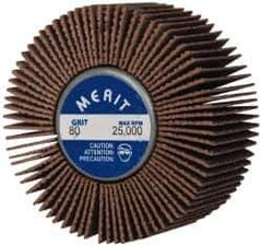 Merit Abrasives - 2" Diam x 1" Face Width, Medium Ceramic Alumina Coated Mounted Flap Wheel - 1/4-20 Threaded Mount, 80 Grit, Cloth Backing, 25,000 Max RPM - Eagle Tool & Supply