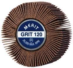 Merit Abrasives - 2" Diam x 1" Face Width, Fine Ceramic Alumina Coated Mounted Flap Wheel - 1/4-20 Threaded Mount, 120 Grit, Cloth Backing, 25,000 Max RPM - Eagle Tool & Supply