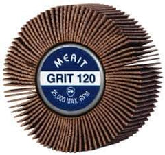 Merit Abrasives - 2" Diam x 1" Face Width, Fine Ceramic Alumina Coated Mounted Flap Wheel - 1/4-20 Threaded Mount, 120 Grit, Cloth Backing, 25,000 Max RPM - Eagle Tool & Supply