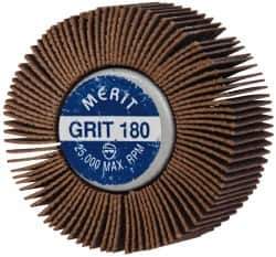 Merit Abrasives - 2" Diam x 1" Face Width, Very Fine Ceramic Alumina Coated Mounted Flap Wheel - 1/4-20 Threaded Mount, 180 Grit, Cloth Backing, 25,000 Max RPM - Eagle Tool & Supply