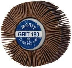 Merit Abrasives - 2" Diam x 1" Face Width, Very Fine Ceramic Alumina Coated Mounted Flap Wheel - 1/4-20 Threaded Mount, 180 Grit, Cloth Backing, 25,000 Max RPM - Eagle Tool & Supply