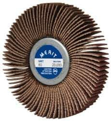 Merit Abrasives - 3" Diam x 1/2" Face Width, Very Fine Ceramic Alumina Coated Mounted Flap Wheel - 1/4-20 Threaded Mount, 180 Grit, Cloth Backing, 20,000 Max RPM - Eagle Tool & Supply