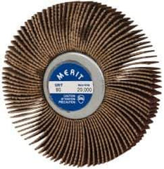 Merit Abrasives - 3" Diam x 1/2" Face Width, Medium Ceramic Alumina Coated Mounted Flap Wheel - 1/4-20 Threaded Mount, 80 Grit, Cloth Backing, 20,000 Max RPM - Eagle Tool & Supply