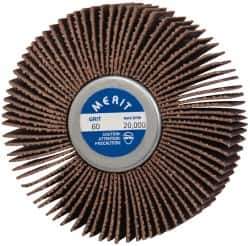 Merit Abrasives - 3" Diam x 1" Face Width, Medium Ceramic Alumina Coated Mounted Flap Wheel - 1/4-20 Threaded Mount, 60 Grit, Cloth Backing, 20,000 Max RPM - Eagle Tool & Supply