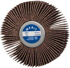 Merit Abrasives - 3" Diam x 1" Face Width, Medium Ceramic Alumina Coated Mounted Flap Wheel - 1/4-20 Threaded Mount, 60 Grit, Cloth Backing, 20,000 Max RPM - Eagle Tool & Supply