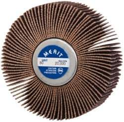 Merit Abrasives - 3" Diam x 1" Face Width, Medium Ceramic Alumina Coated Mounted Flap Wheel - 1/4-20 Threaded Mount, 80 Grit, Cloth Backing, 20,000 Max RPM - Eagle Tool & Supply