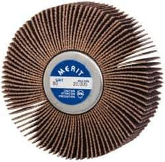 Merit Abrasives - 3" Diam x 1" Face Width, Medium Ceramic Alumina Coated Mounted Flap Wheel - 1/4-20 Threaded Mount, 80 Grit, Cloth Backing, 20,000 Max RPM - Eagle Tool & Supply