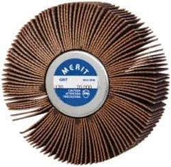 Merit Abrasives - 3" Diam x 1" Face Width, Fine Ceramic Alumina Coated Mounted Flap Wheel - 1/4-20 Threaded Mount, 120 Grit, Cloth Backing, 20,000 Max RPM - Eagle Tool & Supply
