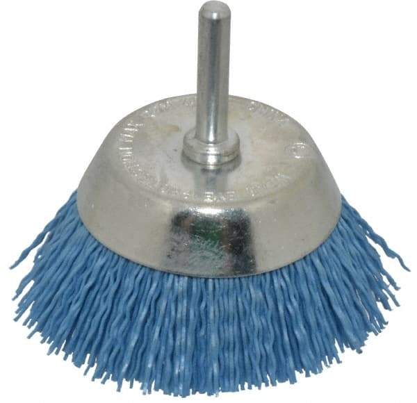 Dico - 2-1/2" Diam, 1/4" Shank Diam, Nylon Fill Cup Brush - Aluminum Oxide Abrasive Material, 0.03 Wire Diam - Eagle Tool & Supply