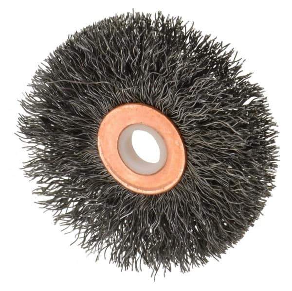 Anderson - 2-1/2" OD, 1/2" Arbor Hole, Crimped Steel Wheel Brush - 1/4" Face Width, 3/4" Trim Length, 0.0118" Filament Diam, 20,000 RPM - Eagle Tool & Supply