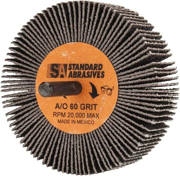 Standard Abrasives - 3" Diam x 1" Face Width, Medium Aluminum Oxide Coated Mounted Flap Wheel - 1/4" Shank Mount, 60 Grit, X Weighted Backing, 20,000 Max RPM - Eagle Tool & Supply