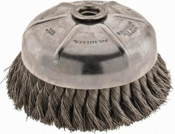 Anderson - 6" Diam, 5/8-11 Threaded Arbor, Stainless Steel Fill Cup Brush - 0.014 Wire Diam, 1-3/8" Trim Length, 6,600 Max RPM - Eagle Tool & Supply