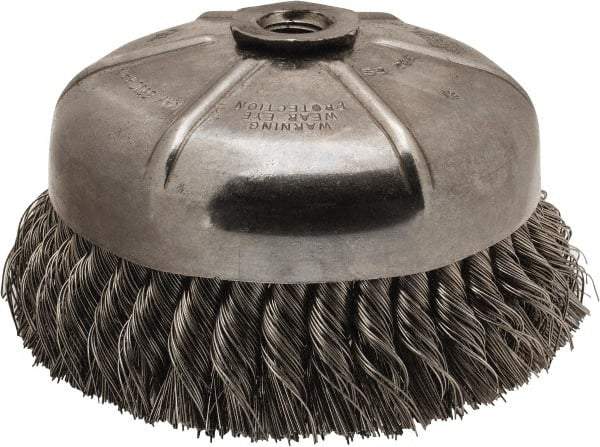 Anderson - 6" Diam, 5/8-11 Threaded Arbor, Stainless Steel Fill Cup Brush - 0.02 Wire Diam, 1-3/8" Trim Length, 6,600 Max RPM - Eagle Tool & Supply