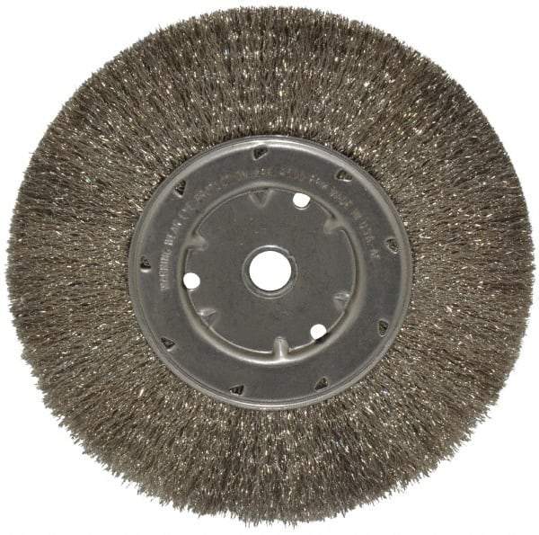 Anderson - 8" OD, 5/8" Arbor Hole, Crimped Stainless Steel Wheel Brush - 1/2" Face Width, 1-13/16" Trim Length, 0.0104" Filament Diam, 4,500 RPM - Eagle Tool & Supply