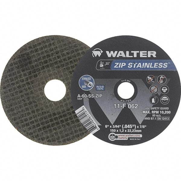 WALTER Surface Technologies - 6" Aluminum Oxide Cutoff Wheel - 3/64" Thick, 7/8" Arbor, 10,200 Max RPM, Use with Die Grinders - Eagle Tool & Supply