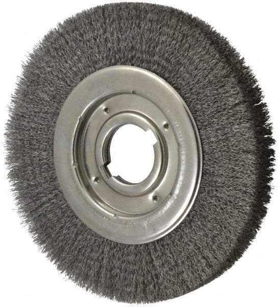 Anderson - 10" OD, 2" Arbor Hole, Crimped Steel Wheel Brush - 1-1/4" Face Width, 2" Trim Length, 0.0118" Filament Diam, 3,600 RPM - Eagle Tool & Supply