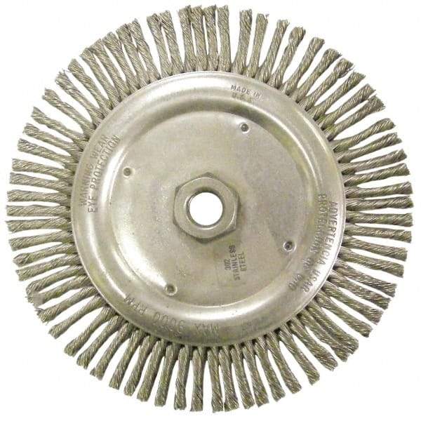 Anderson - 6-7/8" OD, 5/8-11 Arbor Hole, Knotted Stainless Steel Wheel Brush - 1/8" Face Width, 1-1/8" Trim Length, 0.02" Filament Diam, 9,000 RPM - Eagle Tool & Supply