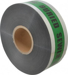 Presco - Caution: Buried Sewer Line Below, Detectable Underground Tape - 1,000 Ft. Long x 3 Inch Wide Roll, Polyethylene on Aluminum, 5 mil Thick, Green and Black - Eagle Tool & Supply