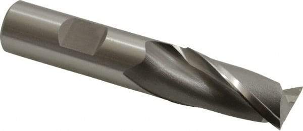OSG - 11/16", 1-5/16" LOC, 5/8" Shank Diam, 3-7/16" OAL, 2 Flute, Vanadium High Speed Steel Square End Mill - Single End, Uncoated, Spiral Flute, 30° Helix, Centercutting, Right Hand Cut, Right Hand Flute, Series 573 - Eagle Tool & Supply