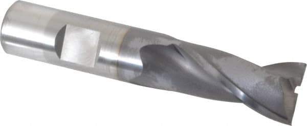 OSG - 11/16", 1-5/16" LOC, 5/8" Shank Diam, 3-7/16" OAL, 2 Flute, Vanadium High Speed Steel Square End Mill - Single End, TiCN Finish, Spiral Flute, 30° Helix, Centercutting, Right Hand Cut, Right Hand Flute, Series 573 - Eagle Tool & Supply
