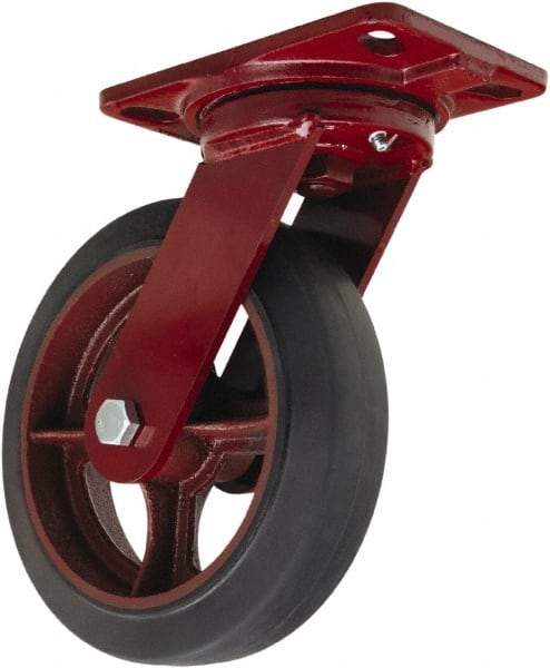 Hamilton - 8" Diam x 2" Wide x 9-3/4" OAH Top Plate Mount Swivel Caster - Rubber Mold on Cast Iron, 500 Lb Capacity, Tapered Roller Bearing, 4-1/2 x 6-1/2" Plate - Eagle Tool & Supply