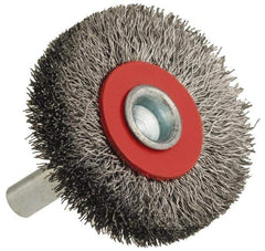 Value Collection - 1-5/8" OD, 1/4" Shank Diam, Crimped Steel Wheel Brush - 5/16" Face Width, 3/8" Trim Length, 0.008" Filament Diam, 18,000 RPM - Eagle Tool & Supply