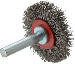 Value Collection - 1-5/8" OD, 1/4" Shank Diam, Crimped Steel Wheel Brush - 5/16" Face Width, 9/16" Trim Length, 0.015" Filament Diam, 18,000 RPM - Eagle Tool & Supply