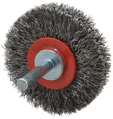 Value Collection - 2-3/8" OD, 1/4" Shank Diam, Crimped Steel Wheel Brush - 1/2" Face Width, 9/16" Trim Length, 0.015" Filament Diam, 15,000 RPM - Eagle Tool & Supply