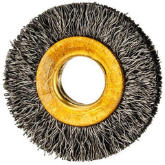 Value Collection - 1-1/4" OD, 3/8" Arbor Hole, Crimped Steel Wheel Brush - 1/4" Face Width, 9/32" Trim Length, 0.007" Filament Diam, 20,000 RPM - Eagle Tool & Supply