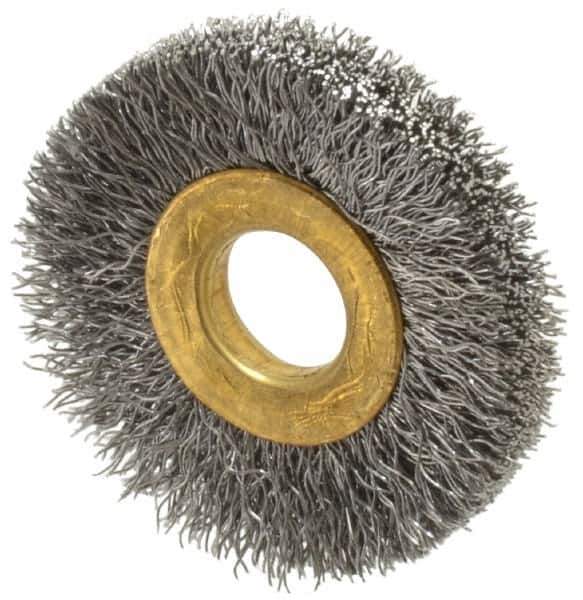 Value Collection - 1-1/2" OD, 3/8" Arbor Hole, Crimped Steel Wheel Brush - 1/4" Face Width, 3/8" Trim Length, 0.007" Filament Diam, 20,000 RPM - Eagle Tool & Supply