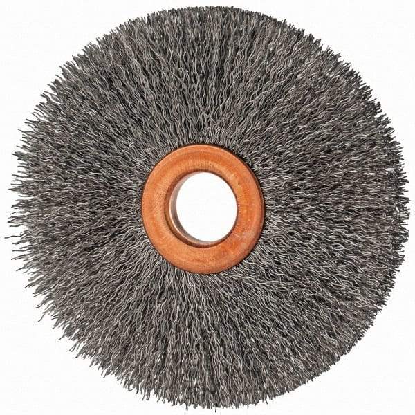 Value Collection - 3" OD, 1/2" Arbor Hole, Crimped Steel Wheel Brush - 3/8" Face Width, 1" Trim Length, 0.007" Filament Diam, 15,000 RPM - Eagle Tool & Supply