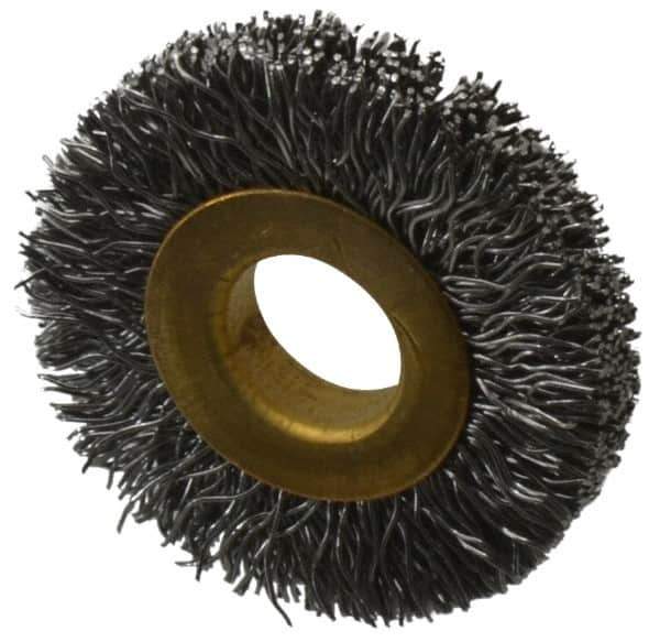 Value Collection - 1-1/4" OD, 3/8" Arbor Hole, Crimped Steel Wheel Brush - 1/4" Face Width, 9/32" Trim Length, 0.012" Filament Diam, 20,000 RPM - Eagle Tool & Supply