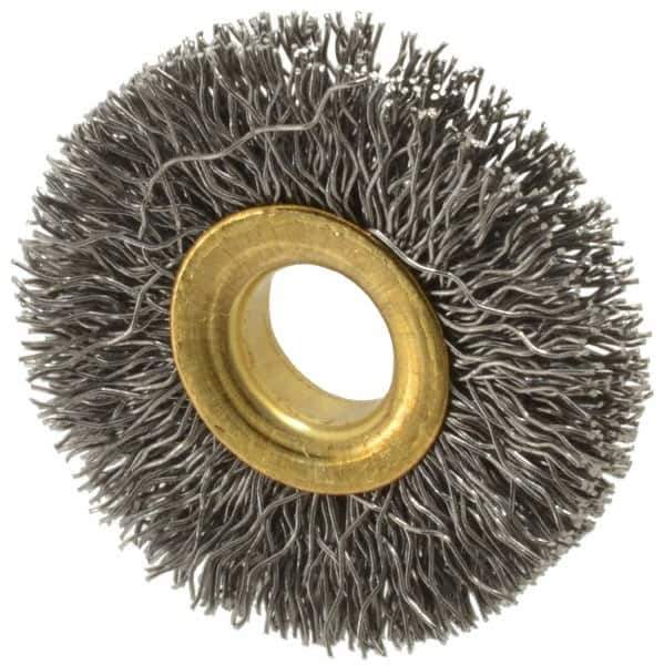 Value Collection - 1-1/2" OD, 3/8" Arbor Hole, Crimped Steel Wheel Brush - 1/4" Face Width, 3/8" Trim Length, 0.012" Filament Diam, 20,000 RPM - Eagle Tool & Supply