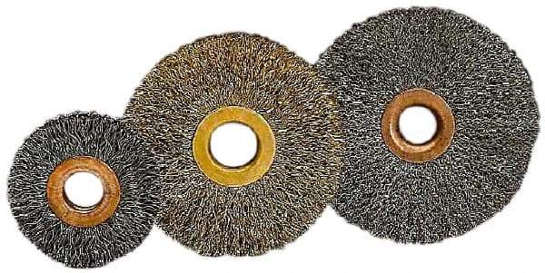 Value Collection - 2" OD, 1/2" Arbor Hole, Crimped Brass-Coated Steel Wheel Brush - 5/16" Face Width, 1/2" Trim Length, 0.007" Filament Diam, 15,000 RPM - Eagle Tool & Supply