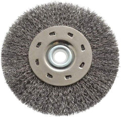 Value Collection - 5" OD, 1/2" Arbor Hole, Crimped Steel Wheel Brush - 1/2" Face Width, 1-15/64" Trim Length, 0.012" Filament Diam, 5,000 RPM - Eagle Tool & Supply