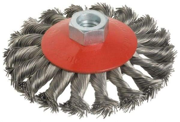 Value Collection - 4" OD, M14x2.00 Arbor Hole, Knotted Steel Wheel Brush - 1/2" Face Width, 7/8" Trim Length, 0.015" Filament Diam, 12,500 RPM - Eagle Tool & Supply