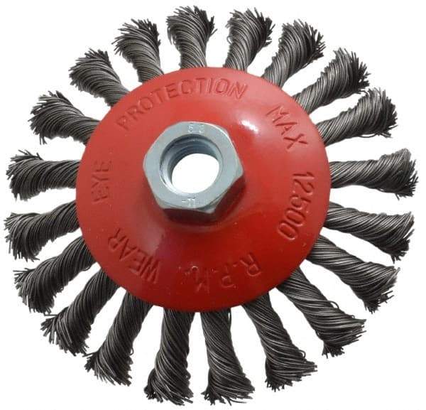 Value Collection - 4-9/16" OD, 5/8-11 Arbor Hole, Knotted Steel Wheel Brush - 9/16" Face Width, 7/8" Trim Length, 0.015" Filament Diam, 12,500 RPM - Eagle Tool & Supply
