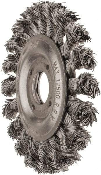 Value Collection - 4-1/2" OD, 7/8" Arbor Hole, Knotted Steel Wheel Brush - 1/2" Face Width, 7/8" Trim Length, 0.012" Filament Diam, 12,500 RPM - Eagle Tool & Supply