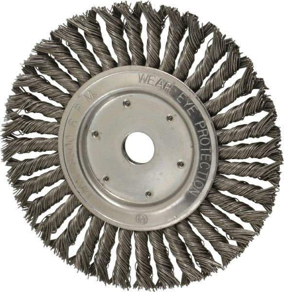 Value Collection - 8" OD, 7/8" Arbor Hole, Knotted Steel Wheel Brush - 1/2" Face Width, 1-11/16" Trim Length, 0.015" Filament Diam, 8,500 RPM - Eagle Tool & Supply