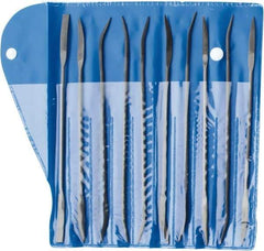 Value Collection - 10 Piece Swiss Pattern File Set - 7" Long, 2 Coarseness, Die Sinker's Handle, Set Includes Barrette, Crossing, Equalling, Flat, Half Round, Knife, Round, Round Edge Joint, Slitting, Square, Three Square - Eagle Tool & Supply