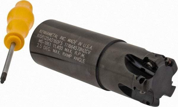 Kennametal - 1-1/4" Cut Diam, 0.357" Max Depth of Cut, 1-1/4" Shank Diam, 4" OAL, Indexable Square Shoulder End Mill - AD.T 1035 Inserts, Weldon Shank, 0° Lead Angle, Through Coolant - Eagle Tool & Supply
