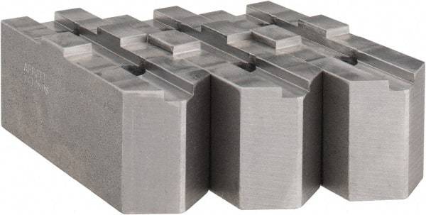 Abbott Workholding Products - 10" & Up Chuck Capacity, Tongue & Groove Attachment, Square Soft Lathe Chuck Jaw - 3 Jaws, Steel, 2-1/8" Btw Mount Hole Ctrs, 4-1/2" Long x 1-1/2" Wide x 2" High, 1/2" Groove, 1/2" Fastener - Eagle Tool & Supply