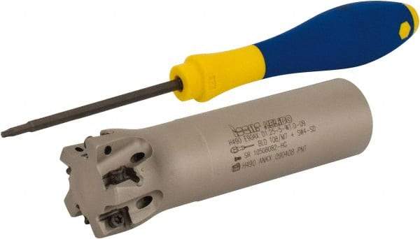 Iscar - 1-1/4" Cut Diam, 0.315" Max Depth of Cut, 1" Shank Diam, 4" OAL, Indexable Square Shoulder Helical End Mill - H490 AN.X 09 Inserts, Weldon Shank, 90° Lead Angle, Through Coolant, Series Helido - Eagle Tool & Supply