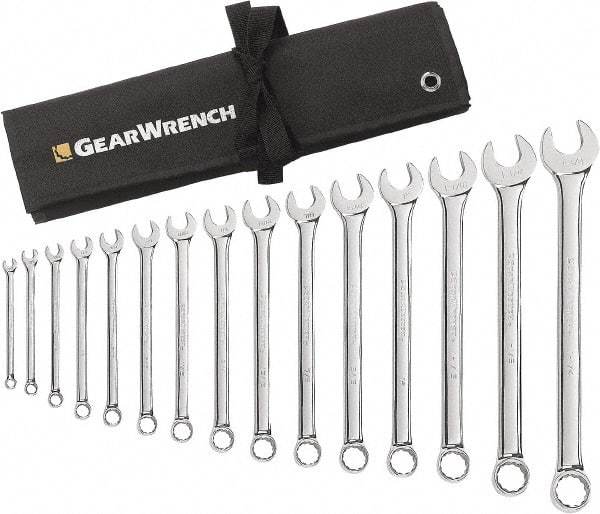 GearWrench - 15 Piece, 5/16" to 1-1/4", 12 Point Combination Wrench Set - Inch Measurement Standard, Chrome Finish, Comes in Roll - Eagle Tool & Supply