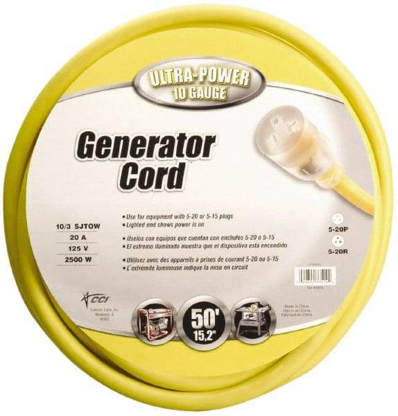 Southwire - 3 Conductors, 125 VAC, 20 Amp, 10 AWG, Generator Cord - For Use with NEMA Receptacles on Generators - Eagle Tool & Supply